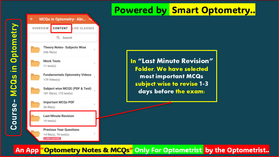 "Last Minute Revision MCQs" available in the course- "MCQs in Optometry" for Optometry License Exam available in the App- "Optometry Notes & MCQs"