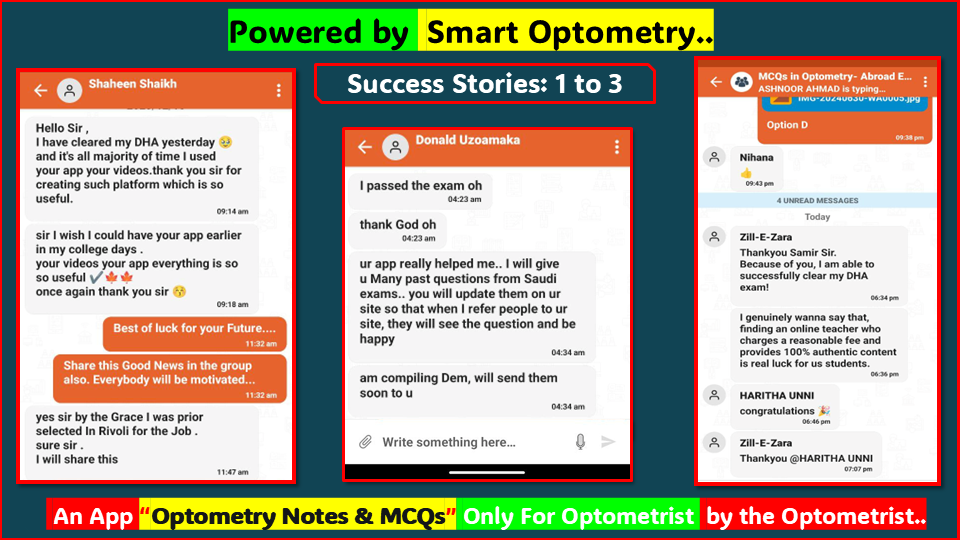 "Success Stories" student cleared license exam with our course- "MCQs in Optometry" for Optometry License Exam available in the App- "Optometry Notes & MCQs"