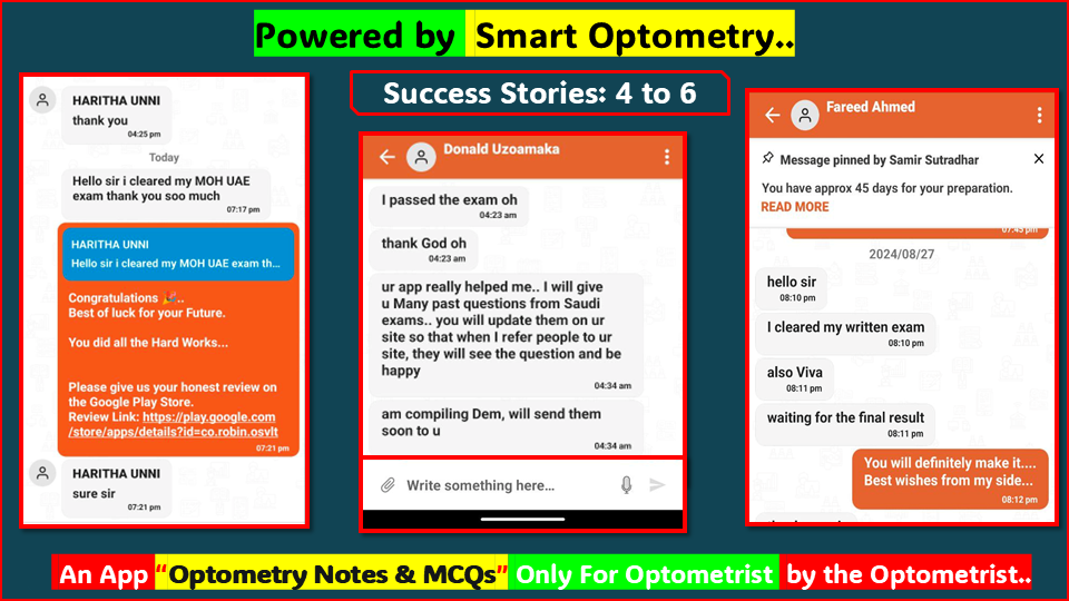 "Success Stories" student cleared license exam with our course- "MCQs in Optometry" for Optometry License Exam available in the App- "Optometry Notes & MCQs"