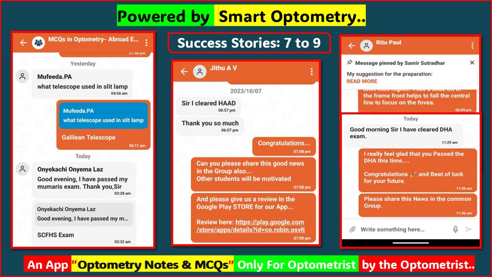 "Success Stories" student cleared license exam with our course- "MCQs in Optometry" for Optometry License Exam available in the App- "Optometry Notes & MCQs"
