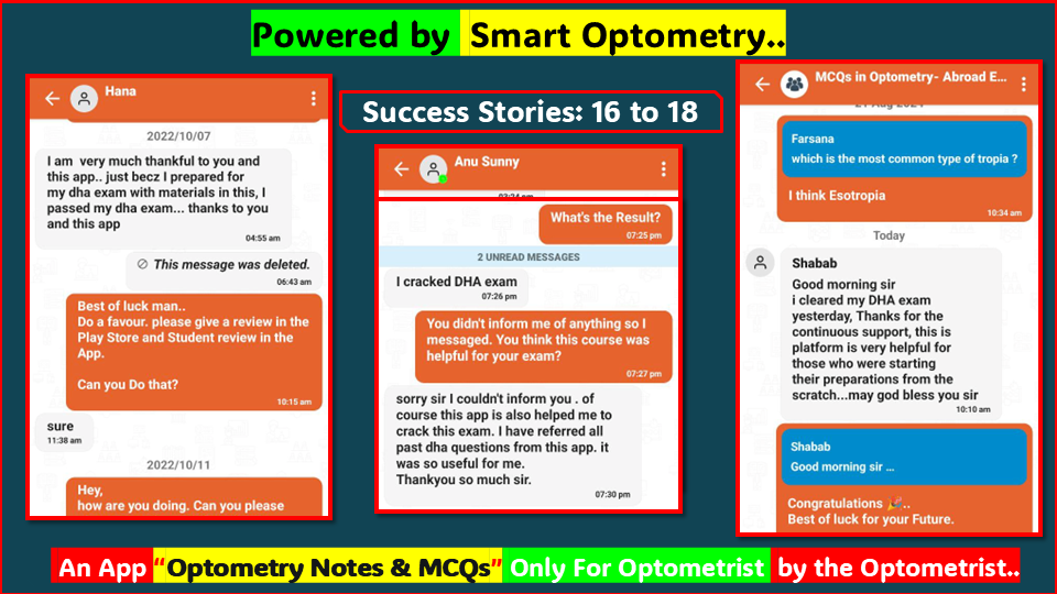 "Success Stories" student cleared license exam with our course- "MCQs in Optometry" for Optometry License Exam available in the App- "Optometry Notes & MCQs"