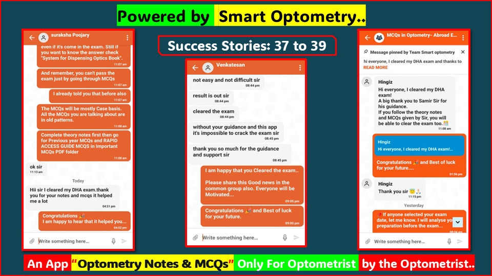 "Success Stories" student cleared license exam with our course- "MCQs in Optometry" for Optometry License Exam available in the App- "Optometry Notes & MCQs"