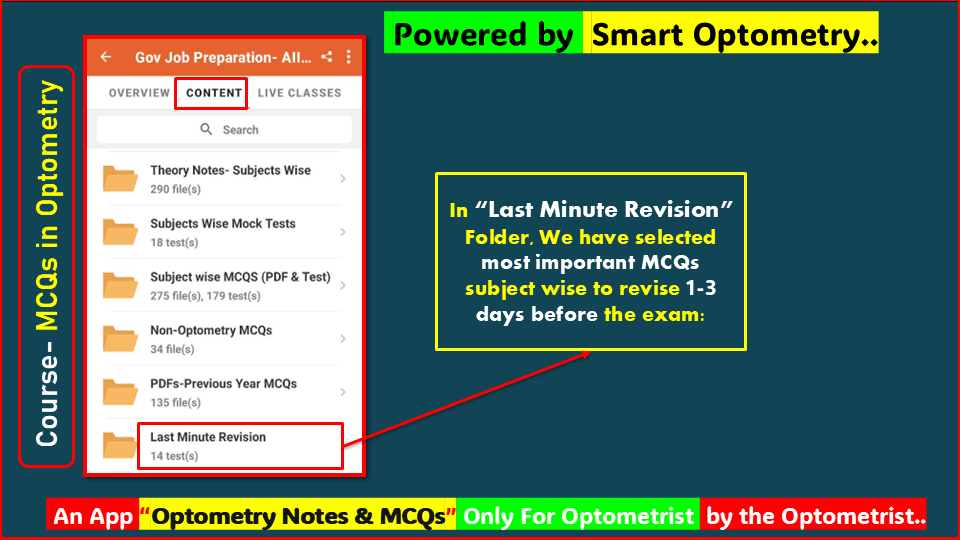 "Last Minute Revision MCQs" available in the course- "Optometry Gov Job Preparation" for Optometry Govt Exam available in the App- "Optometry Notes & MCQs"