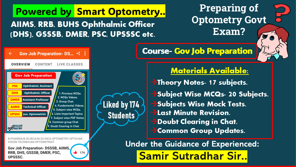 Materials Available in the course "Optometry Gov Job Preparation" for optometry Govt exams available in the App "Optometry Notes & MCQs"